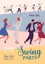 Colorful poster for swing party with dancing people and a place for text. Vertical advertising template with couples