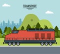 Colorful poster of transport with train on the outskirts of the city Royalty Free Stock Photo