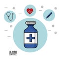 Colorful Poster in white background with medicine bottle in closeup and silhouette icons of health control on top
