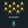 Colorful poster of are you ready press start with graphics of spatial game with blue rocket