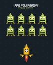 Colorful poster of are you ready press start with graphics of spatial game with yellow rocket
