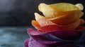 Colorful Potato Chip Stack A vibrant stack of colorful potato chips symbolizing variety flavor fun snacking and indulgence Royalty Free Stock Photo