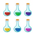 Colorful potion bottle icons set. Assets set for game design and web application.