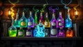 Colorful potion bottles in fantasy setting, magic ingredients, Stock Photo, Generative AI