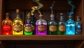 Colorful potion bottles shelf magic fantasy alchemy rpg game ingredients elixir liquid. Stock Photo, Generative AI