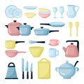 Colorful pots and pans flat illustrations set Royalty Free Stock Photo