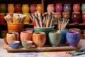 colorful pottery glazes and brushes