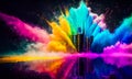 Colorful powder creates a magical explosion futuristic cityscape