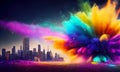 Colorful powder creates a magical explosion futuristic cityscape Royalty Free Stock Photo