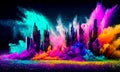 Colorful powder creates a magical explosion futuristic cityscape Royalty Free Stock Photo