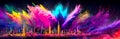 Colorful powder creates a magical explosion futuristic cityscape