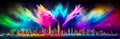 Colorful powder creates a magical explosion futuristic cityscape