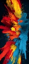 Colorful powder explosion bursting vibrant primary colors. Vivid red, yellow, and blue powder exploding creating abstract energy Royalty Free Stock Photo
