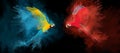 Colorful powder explosion with Macaw parrot flying isolated on black background. Royalty Free Stock Photo