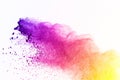 Colorful of powder explosion on white background. Green and yellow dust explode on isolate background. Paint Holi. Colorful cloud