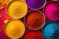 Colorful powder paint in the metal bowls, traditional for Holi festival