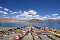 Colorful prayer flags are hanging in front of Pangong Lake Royalty Free Stock Photo