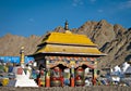 Colorful prayer wheels temple with blue clear sky background in Leh city