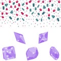 Colorful precious crystal jewels border and lilac gems isolated on white background
