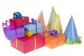 Colorful present boxes with ribbon stacked asymetrically and ran Royalty Free Stock Photo