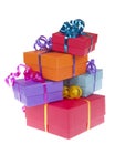 Colorful present boxes with ribbon stacked Royalty Free Stock Photo