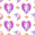 Pretty Unicorn Head Inside Purple Heart with Butterflies on White Background Seamless Pattern