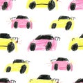 Colorful primitive cars pattern in kids style. Simple kids illustration hand drawn by color pencils