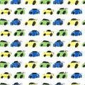 Colorful primitive cars pattern in kids style. Simple kids illustration hand drawn by color pencils