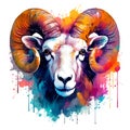 Colorful print, ram\'s head, multicolored portrait of an animal. illustration, AI generation