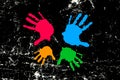 Colorful prints of hand on white and black background