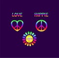 Colorful prints variation with daisy, heart shape, hippie peace sign, love and hippie word on dark violet background