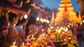 Colorful procession during the Visakha Bucha Day, with devout Buddhists carrying lit candles. Concept of cultural