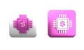 Colorful Processor chip with dollar icon isolated on white background. CPU and a dollar sign. Square button. 3D render