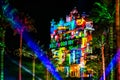 Colorful projections on The Hollywood Tower Hotel at Hollywood Studios 77.