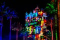 Colorful projections on The Hollywood Tower Hotel at Hollywood Studios 109.