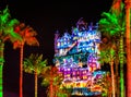 Colorful projections on The Hollywood Tower Hotel at Hollywood Studios 6.