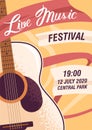 Colorful promo poster of live music festival vector flat illustration. Advertising flyer with acoustic guitar and place