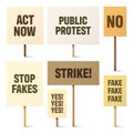 Colorful protest signs with slogan on wooden holder. Realistic vector demonstration banner. Strike action cardboard