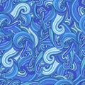 Colorful psychedelic abstract decorative waves seamless pattern, in blue cyan dark blue color.