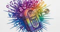 Colorful psychedelic illustration of a vintage jukebox surrounded by musical instruments and notes on white background Royalty Free Stock Photo