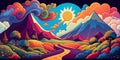 Colorful psychedelic landscape cartoon style wallpaper. 70s Hippie Clouds, Rainbows, sun, mountains background