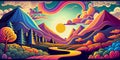 Colorful psychedelic landscape cartoon style wallpaper. 70s Hippie Clouds, Rainbows, sun, mountains background