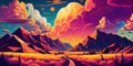 Colorful psychedelic landscape cartoon style wallpaper. 70s Hippie Clouds, Rainbows, sun, mountains background