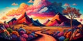 Colorful psychedelic landscape cartoon style wallpaper. 70s Hippie Clouds, Rainbows, sun, mountains background