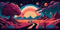 Colorful psychedelic landscape cartoon style wallpaper. 70s Hippie Clouds, Rainbows, sun, space planet background