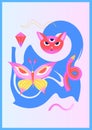 Colorful psychedelic poster with head of three-eyed cat, butterfly, pencil and abstract background blot