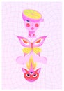 Colorful psychedelic poster with human head and body, butterfly, red three-eyed cat, fire and wavy checkered background