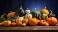 Colorful pumpkins and gourds on autumn market. Autumn background