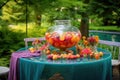 colorful punch bowl with floating fruit on garden table Royalty Free Stock Photo