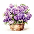 Colorful Purple Crocus Bouquet In Wicker Basket - Detailed Illustration